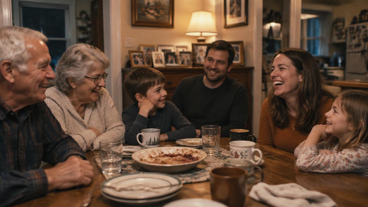 Three generations sharing laughter around the family table