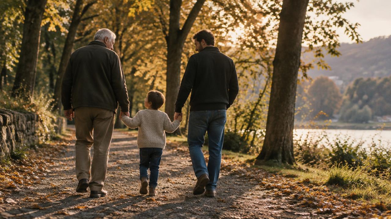 Three generations walking together through autumn